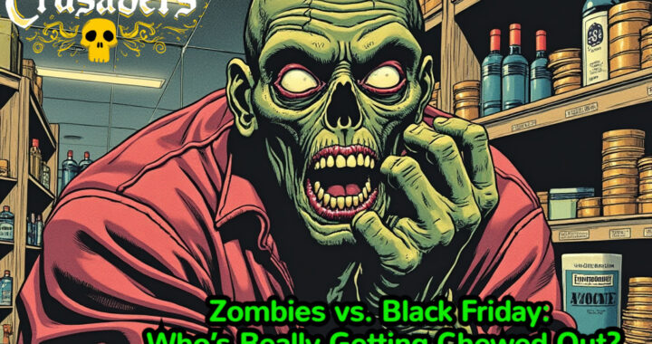 Cartoon-style illustration of zombies holding protest signs outside a shopping mall with 'Black Friday Sale' banners, expressing frustration over dwindling food supply due to online shopping and inflation.