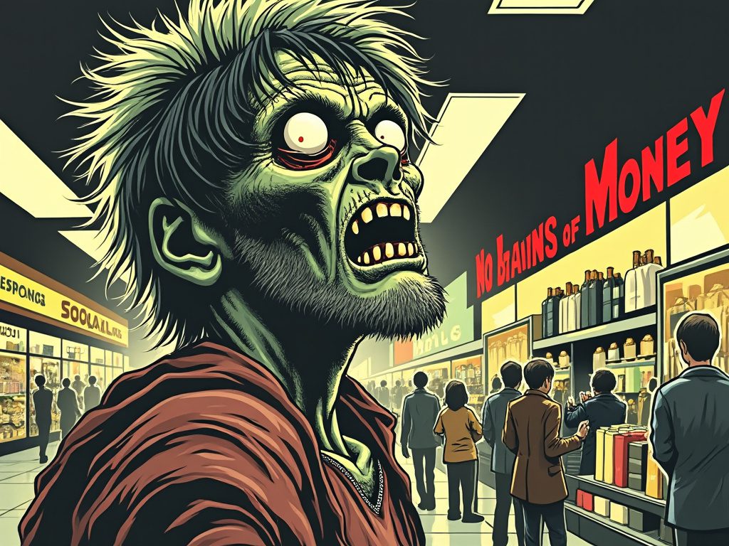 Cartoon-style illustration of zombies holding protest signs outside a shopping mall with 'Black Friday Sale' banners, expressing frustration over dwindling food supply due to online shopping and inflation.