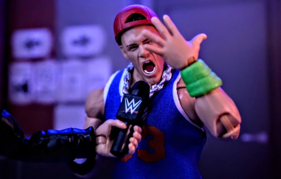 Mattel WWE Ultimate John Cena WrestleMania 20 Promo Pose 2025 Mattel WWE Ultimate Fan TakeOver 2025 John Cena WrestleMania 20 figure cutting promo with WWE microphone.