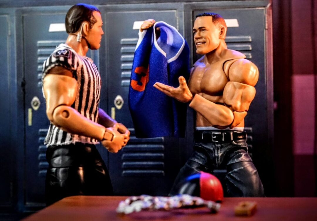 Mattel WWE Ultimate John Cena WrestleMania 20 Jersey Accessory 2025 Mattel WWE Ultimate Fan TakeOver 2025 John Cena WrestleMania 20 figure showing jersey accessory to referee.