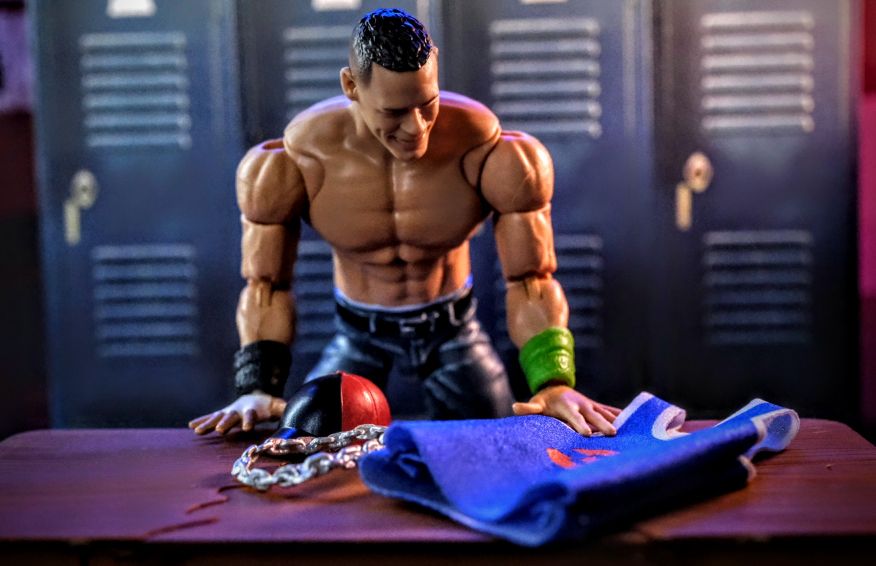Mattel WWE John Cena WrestleMania 20 Figure Accessories 2025 Mattel WWE Ultimate Fan TakeOver 2025 John Cena WrestleMania 20 accessories on display with jersey, hat, and chain.