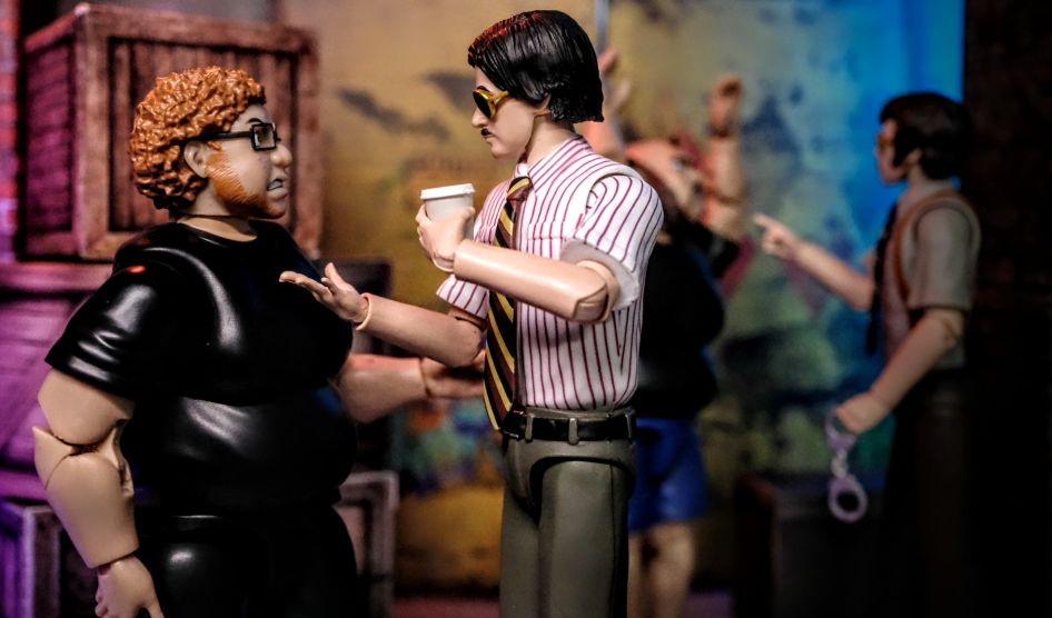 Lloyd Ultimate Wrestling Crowd Fan Figure with Super7 Ultimates Beastie Boys Sabotage figures in toy photography diorama for WWE, AEW, and 1:12 scale collectors.