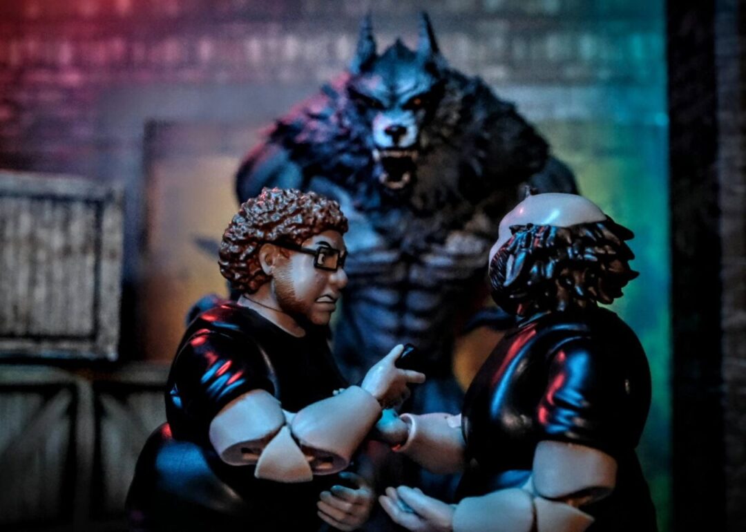 Ultimate Fan Figures Lloyd and Gary face off with LooseCollector Werewolf in horror diorama for toy photography, WWE, AEW, NECA, and 1:12 scale collectors.