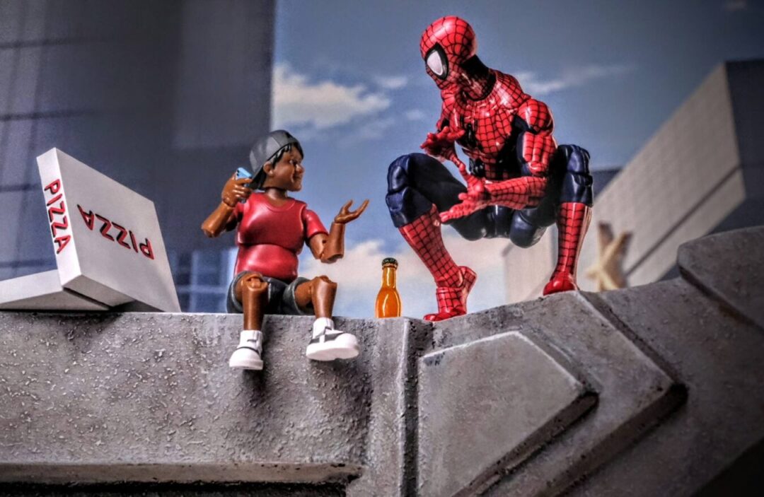 Ethan shares a rooftop moment with Hasbro’s Spider-Man — a perfect example of how Figures Toy Company’s Ultimate Wrestling Fan line enhances toy photography scenes across multiple brands.