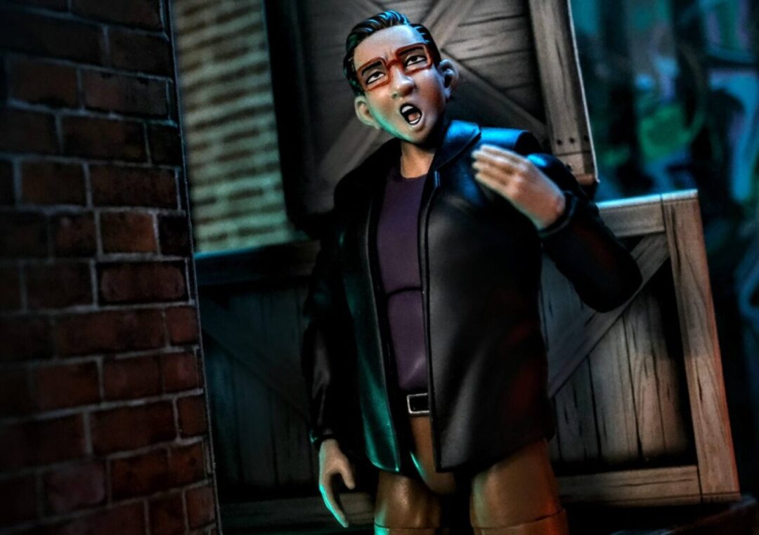 Figures Toy Company Ultimate Wrestling Fan Eugene from Series 5 reacting in mid-shock in a backstage toy diorama setup