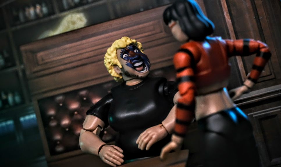 Figures Toy Company Ultimate Wrestling Fan Shawn talking to Series Three Lisa at a bar scene with dramatic lighting