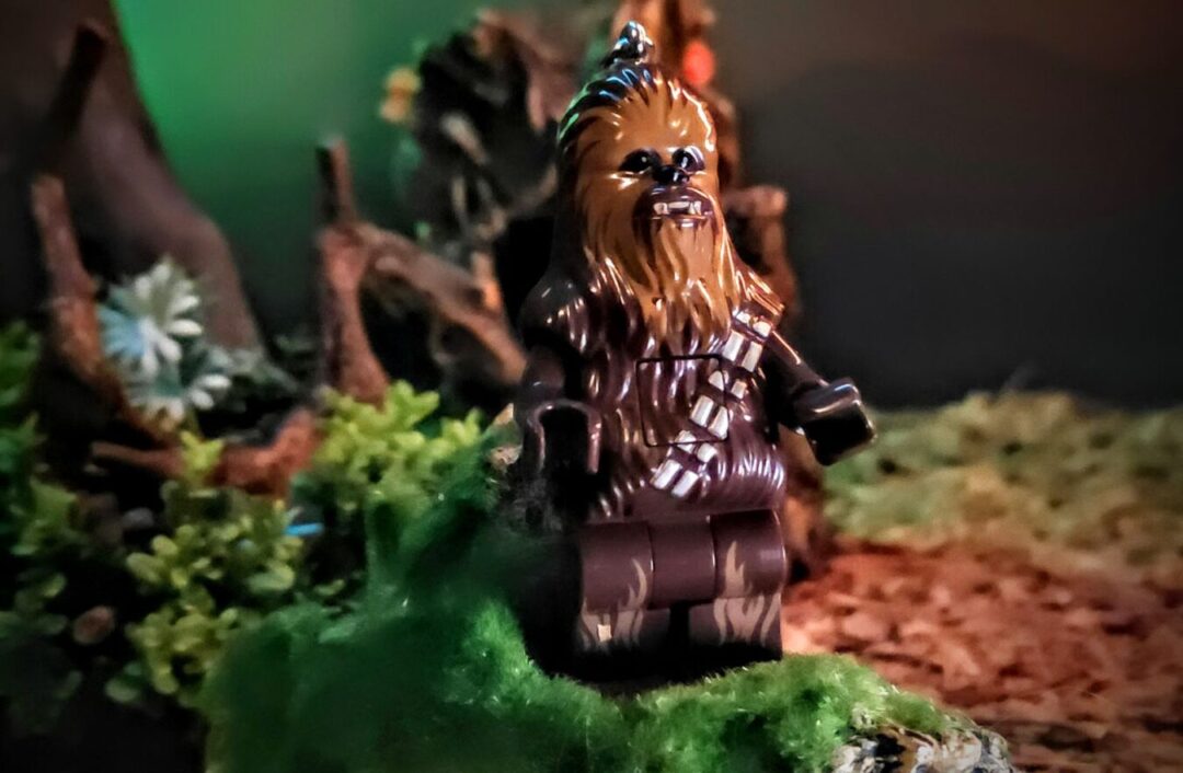 Santoki LEGO Chewbacca Keychain Toy Figure on Moss LEGO Star Wars Chewbacca keychain figure standing on mossy terrain in toy photo