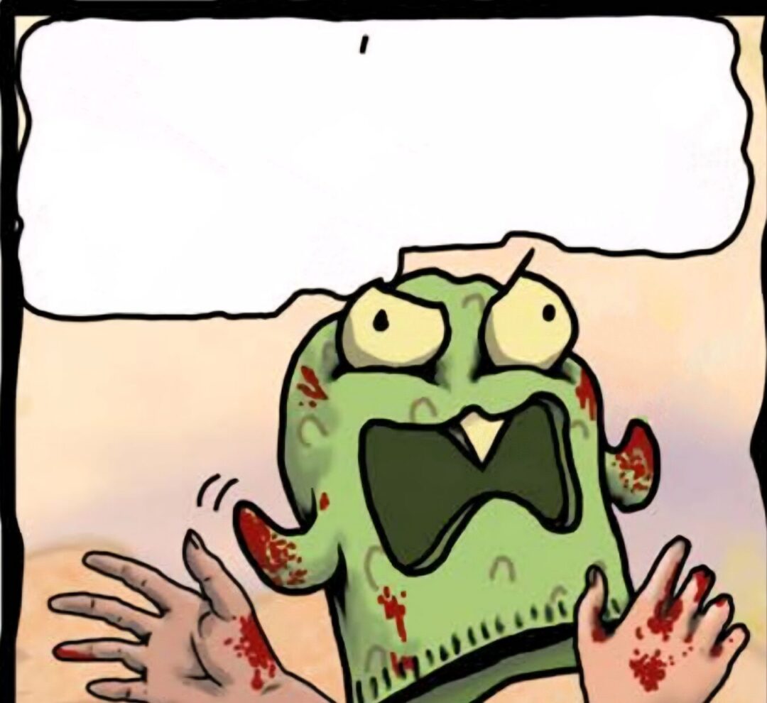 Lenore The Time War zombie character comic panel Green zombie-like character panicking with raised hands in Lenore: The Time War comic by Roman Dirge