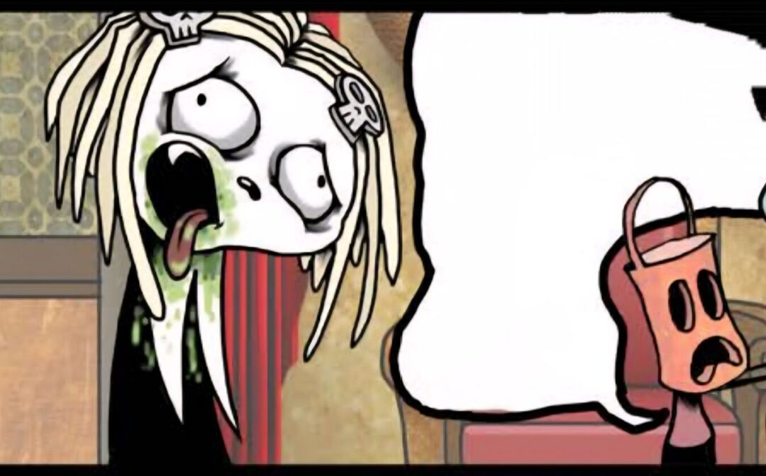 Lenore The Time War comic panel by Roman Dirge Lenore throws up green slime in a darkly humorous scene from Lenore: The Time War by Roman Dirge
