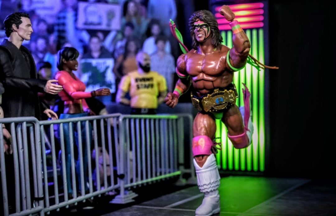 WWE Elite Ultimate Warrior Figure Entrance with Target Exclusive Hall of Champions Pack Ultimate Warrior WWE Elite Collection figure running to the ring with Mattel Creations New Generation Entrance Stage and Figures Toy Company crowd