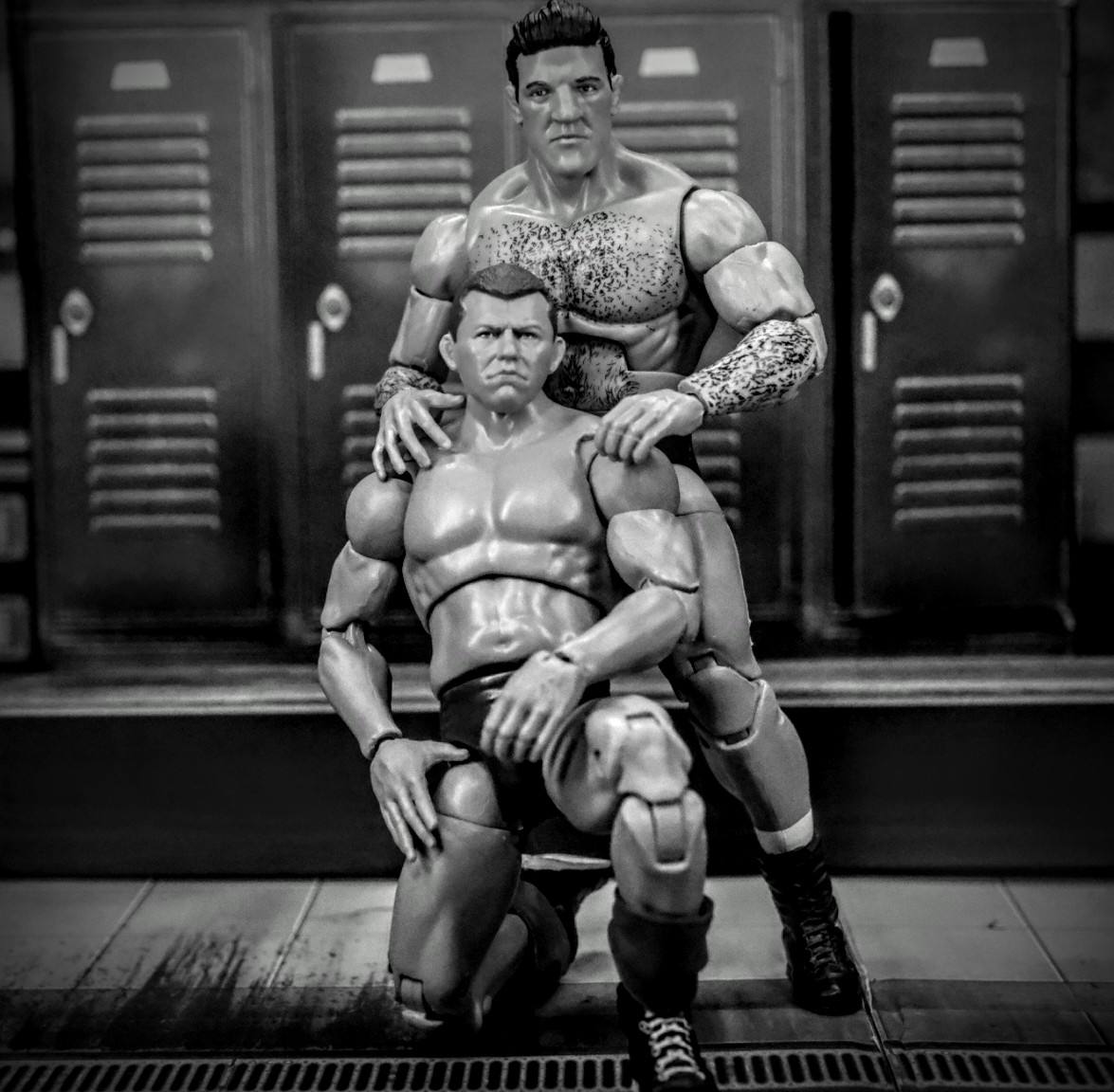 WWE Elite Bruno Sammartino with Custom Bob Backlund Wrestling Figure Bruno Sammartino WWE Elite Collection figure posed with custom Bob Backlund figure in black and white locker room scene