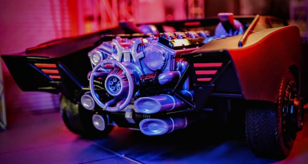 Rear engine view of McFarlane Toys The Batman Batmobile Gold Label with exposed motor details