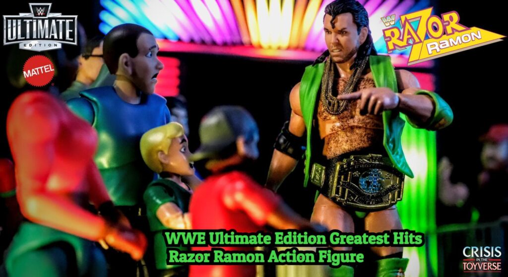 WWE Ultimates Razor Ramon Mattel action figure in green attire with Intercontinental Championship – toy photography review
