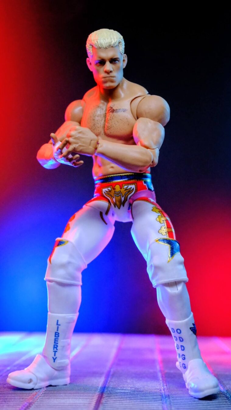 Cody Rhodes WWE Ultimate Edition Mattel Creations action figure review photo with red and blue lighting