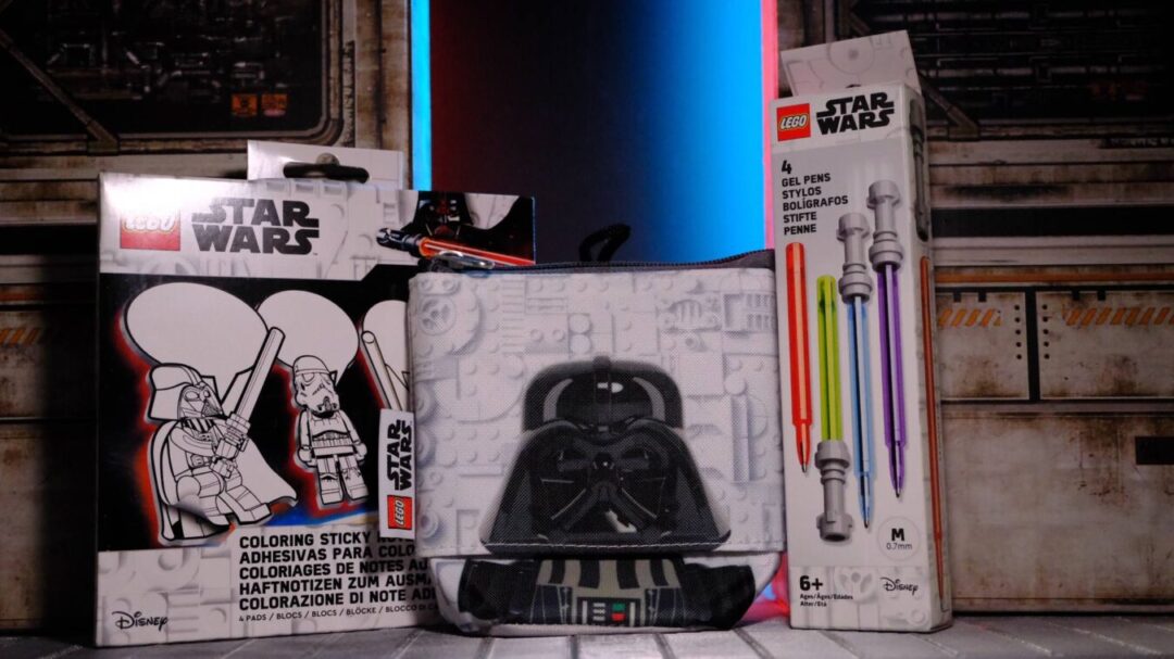 Santoki LEGO Star Wars stationery review – Lightsaber Gel Pens, Darth Vader coloring sticky notes, and Pop-Up Pencil Case with Anakin Skywalker.