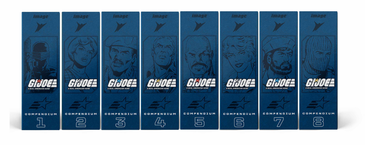 G.I. Joe: A Real American Hero Compendium Sets 1 and 2 Kickstarter image from Skybound and Hasbro featuring deluxe hardcover collections