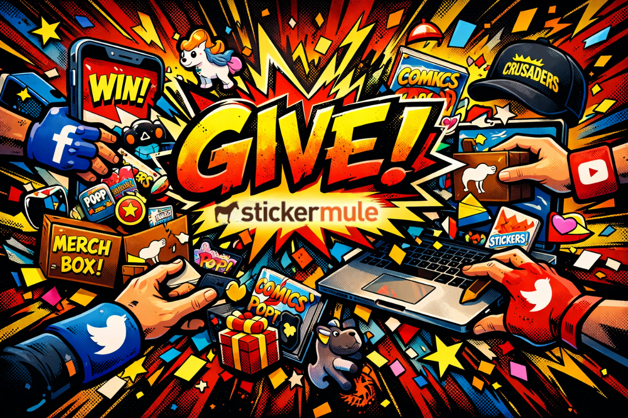 Sticker Mule Give platform digital giveaway promotion showing viral brand engagement through product giveaways