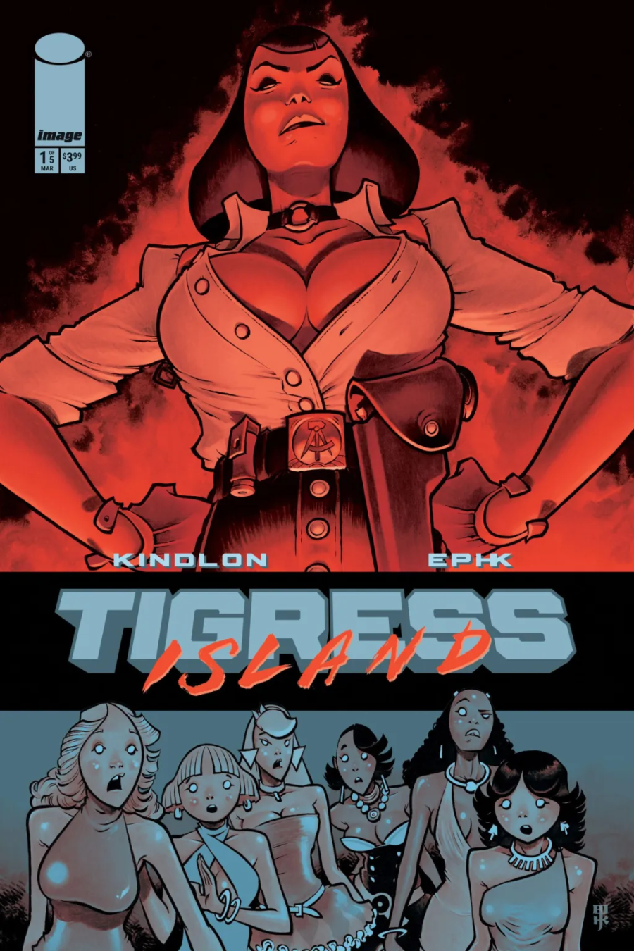 Tigress Island #1 comic cover by EPHK for Image Comics featuring the women stranded on a dangerous island