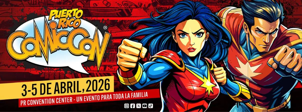 Puerto Rico Comic Con 2026 promotional image for the April 3-5 pop culture event at the Puerto Rico Convention Center