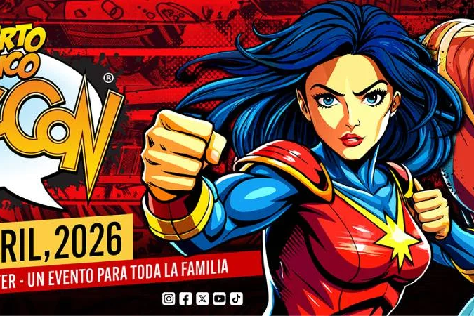 Puerto Rico Comic Con 2026 promotional image for the April 3-5 pop culture event at the Puerto Rico Convention Center