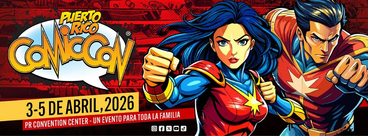 Puerto Rico Comic Con 2026 promotional image for the April 3-5 pop culture event at the Puerto Rico Convention Center