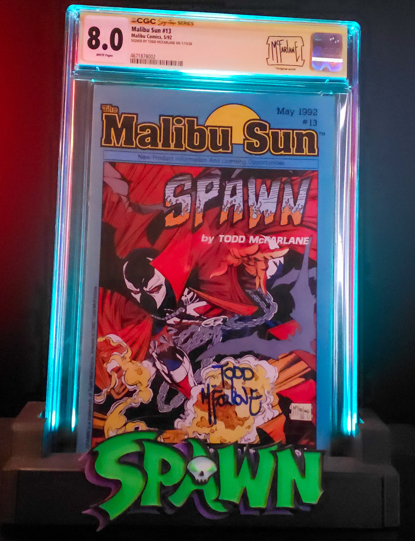 CGC 8.0 graded Malibu Sun #13 signed by Todd McFarlane featuring early Spawn appearance and Image Comics pre-Spawn artwork