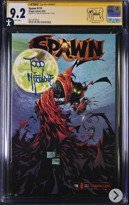 CGC 9.2 graded Spawn #119 signed by Todd McFarlane featuring Image Comics era transition issue in the Spawn series