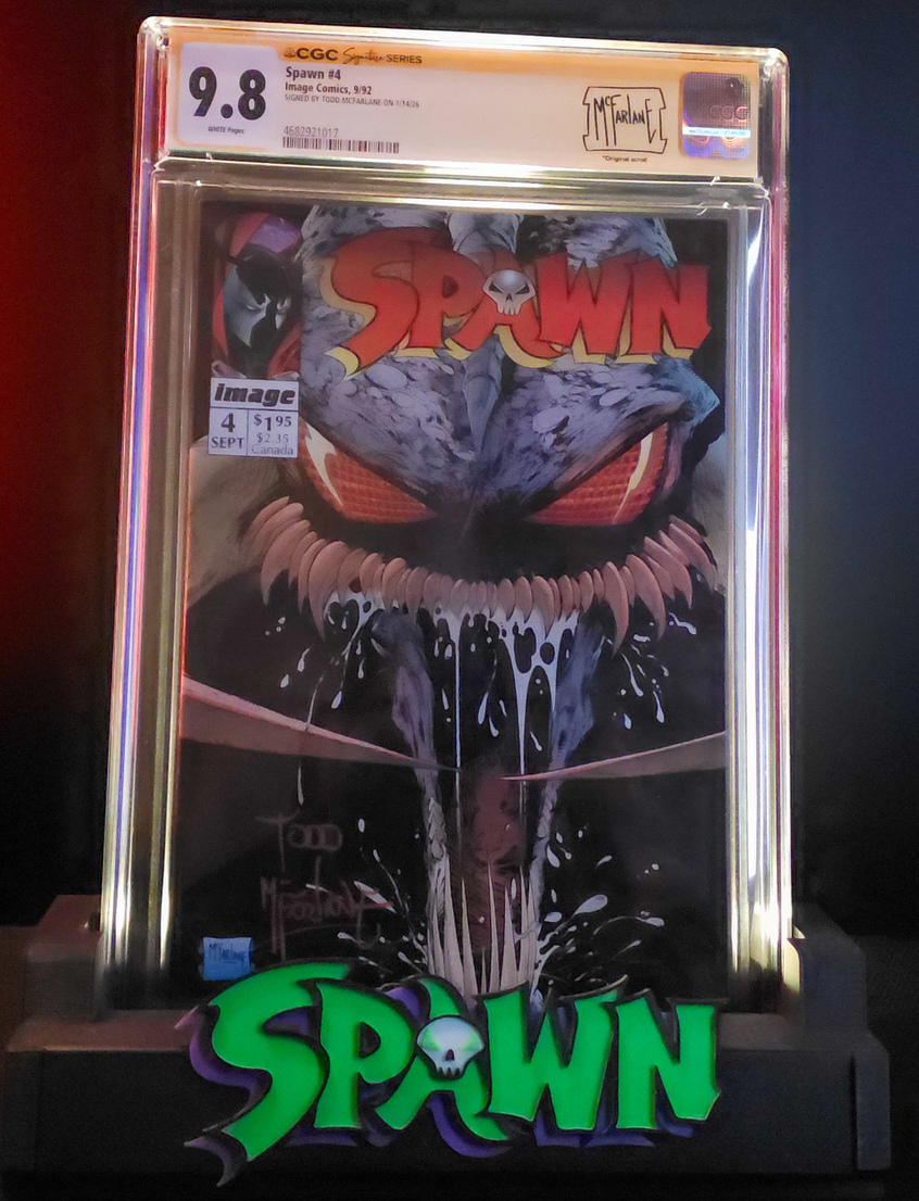 CGC 9.8 graded Spawn #4 signed by Todd McFarlane featuring early Spawn key issue from Image Comics series