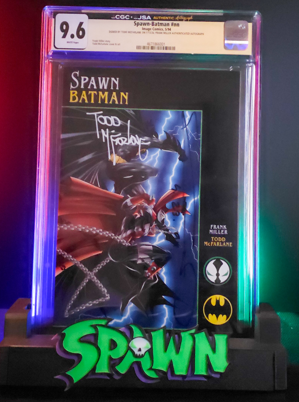 CGC 9.6 graded Spawn Batman comic signed by Todd McFarlane and Frank Miller featuring DC and Image Comics crossover