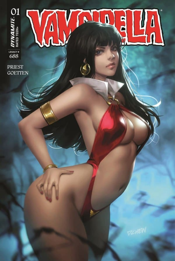 Vampirella #1 cover by Lucio Parrillo featuring Vampirella in red before a dark skeletal backdrop