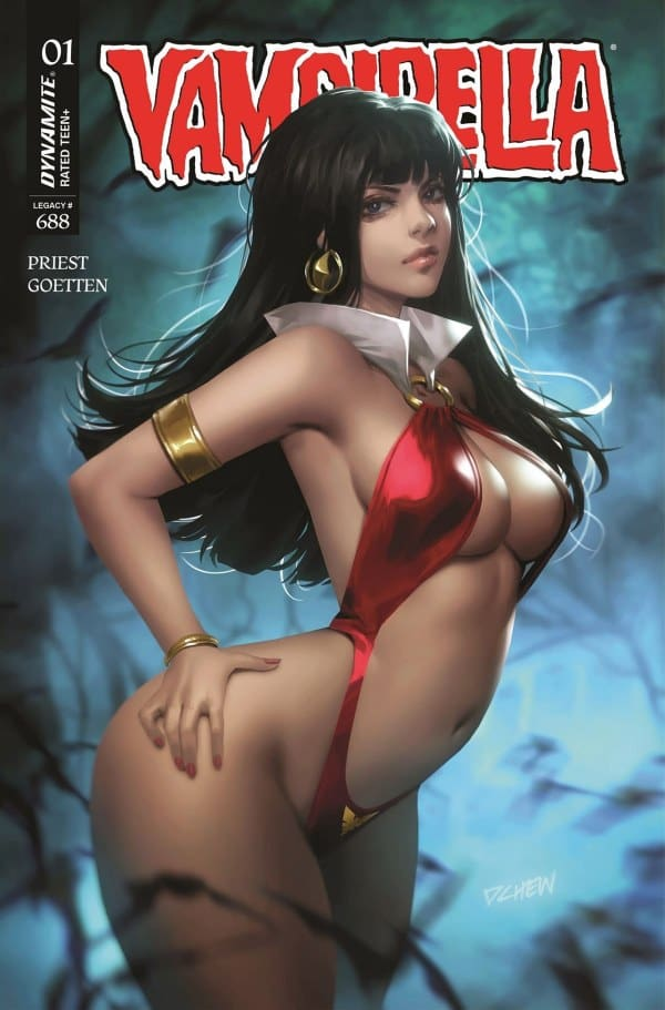 Vampirella #1 cover by Lucio Parrillo featuring Vampirella in red before a dark skeletal backdrop