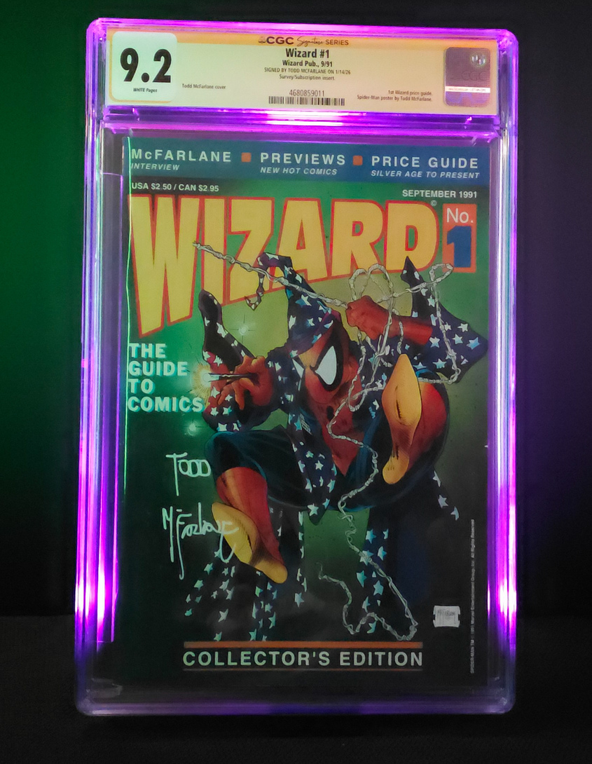 CGC 9.2 graded Wizard #1 comic magazine signed by Todd McFarlane featuring Spider-Man cover art and collector’s edition issue