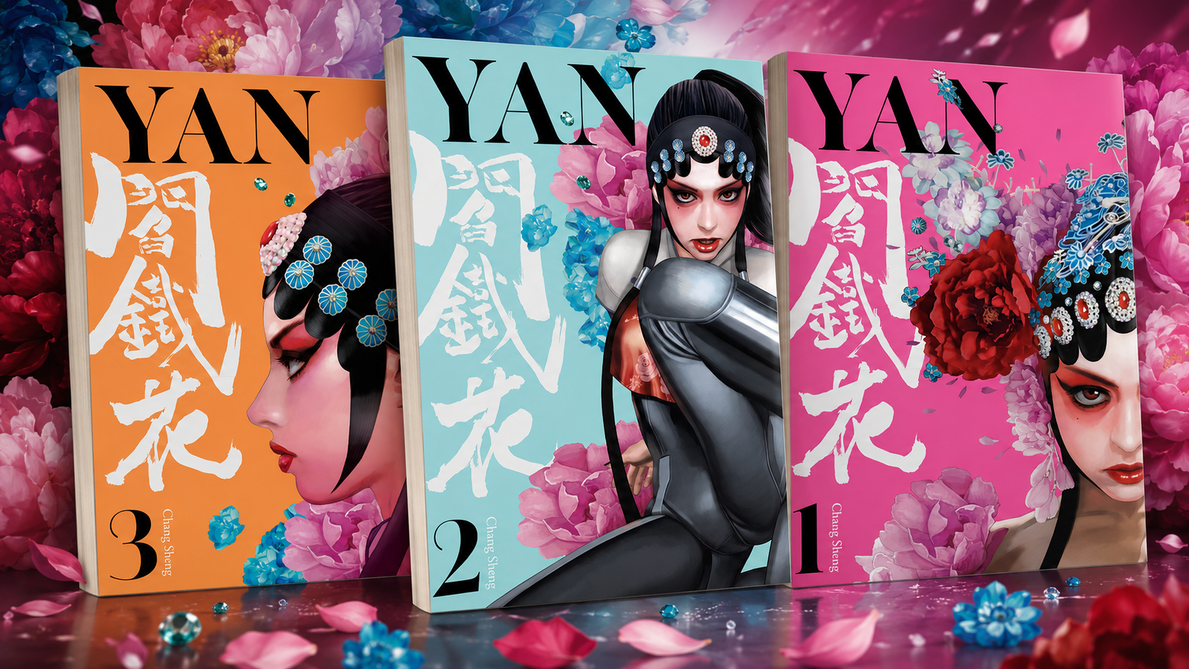 Cover artwork for YAN Vol. 1–3 by Chang Sheng, featuring striking opera-inspired imagery and supernatural revenge manga energy from Titan Manga.