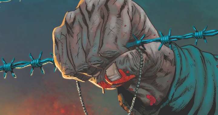 Dog Tag #1 cover from Mad Cave Studios showing a soldier’s fist holding dog tags through barbed wire, created by Mark Russell, PJ Holden, JP Jordan, and Buddy Beaudoin.