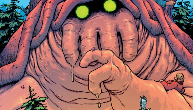 Hidden Springs #1 cover from Dark Horse Comics featuring a mysterious baby kaiju in the forest.