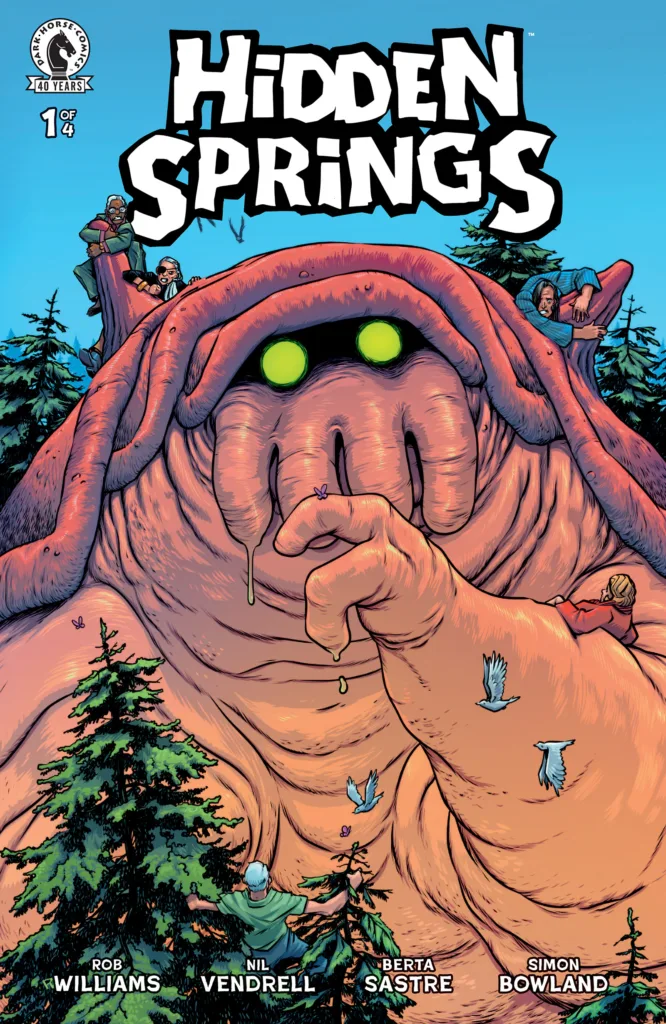 Hidden Springs #1 cover from Dark Horse Comics featuring a mysterious baby kaiju in the forest.