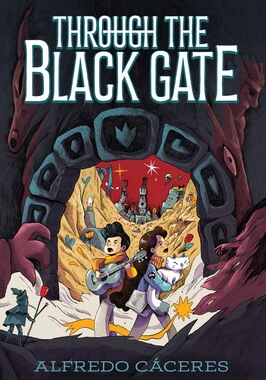 Through the Black Gate graphic novel cover by Alfredo Cáceres featuring two young characters, a cat, music, and a mysterious portal to the Land of the Dead.