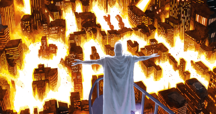 Nemesis overlooking a burning city in Nemesis Forever comic by Mark Millar and Matteo Scalera