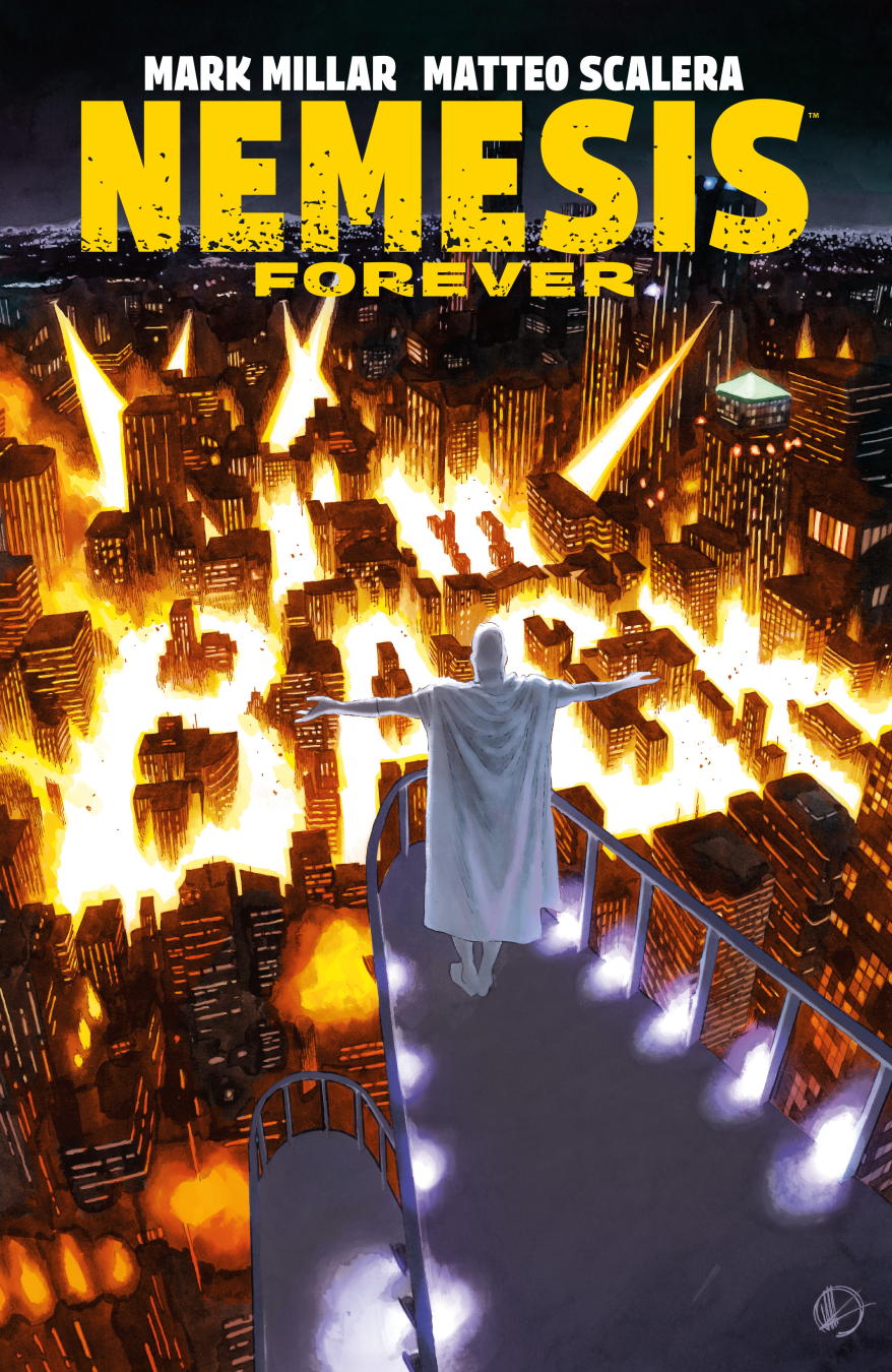 Nemesis overlooking a burning city in Nemesis Forever comic by Mark Millar and Matteo Scalera