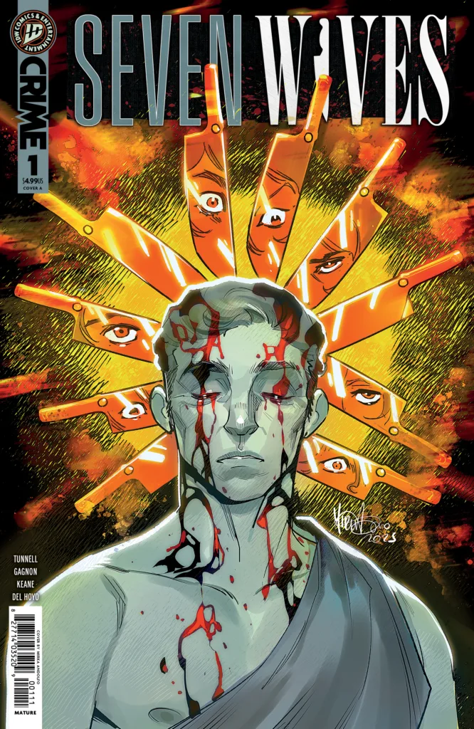 Seven Wives #1 cover art from IDW Publishing featuring a dark crime mystery tone centered on seven wives, one murdered patriarch, and a blood-soaked investigation.