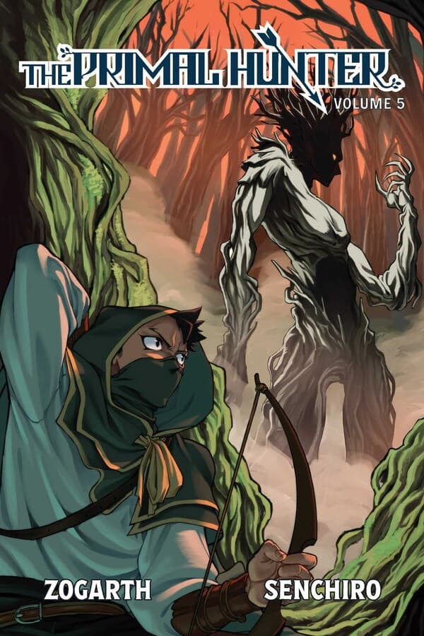 The Primal Hunter Vol. 5 cover art by Senchiro featuring Jake with a bow facing the King of the Forest