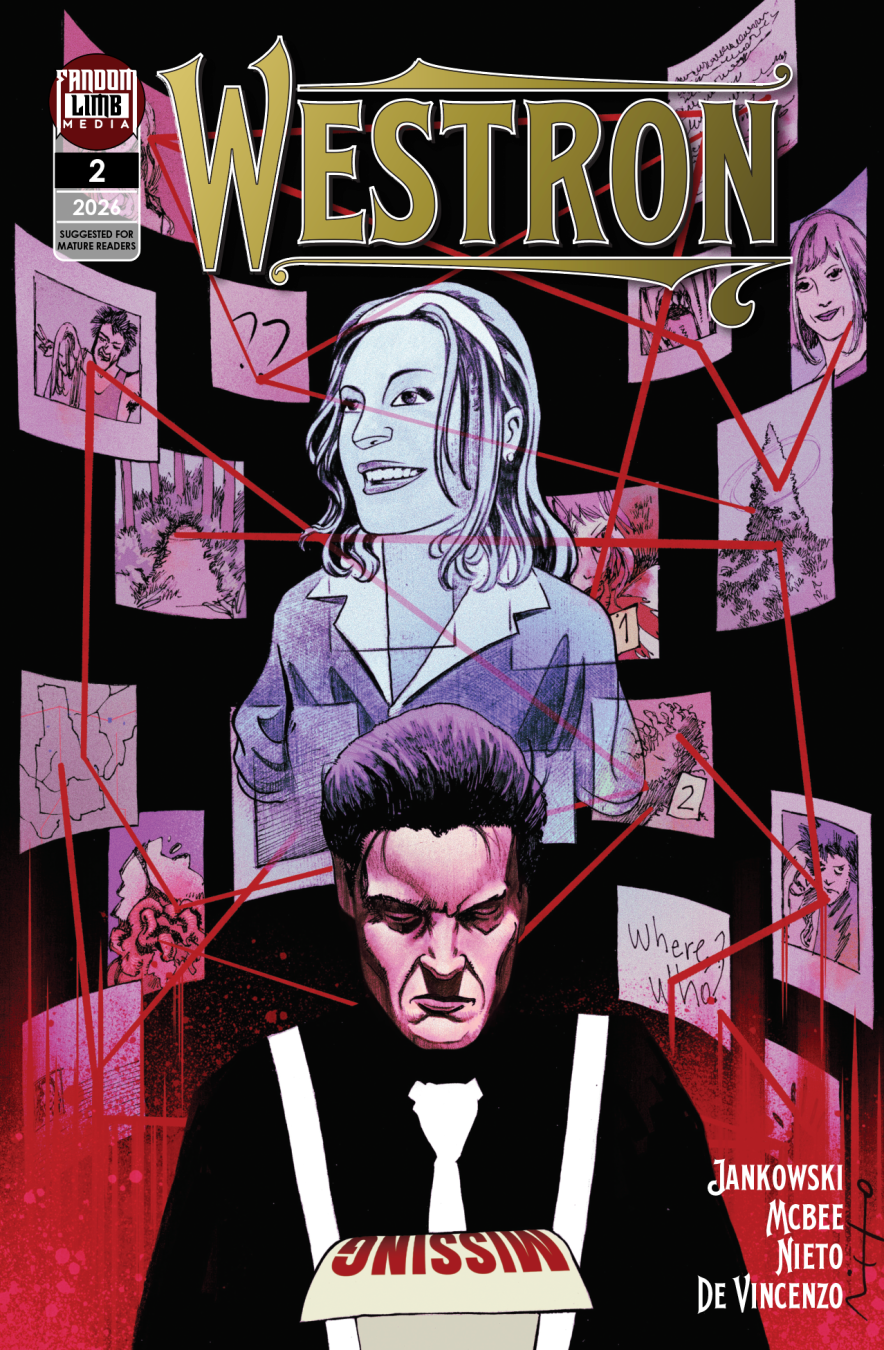 Westron #2 comic cover featuring Jan Westron surrounded by mystery clues and dark noir horror imagery.