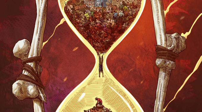 The Sandshooter #1 cover from Chaostorm Studios featuring a supernatural western hourglass filled with sand, bones, and frontier danger.
