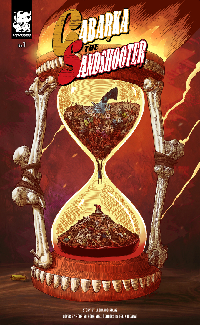 The Sandshooter #1 cover from Chaostorm Studios featuring a supernatural western hourglass filled with sand, bones, and frontier danger.