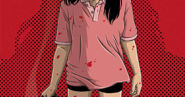 April Gray comic page featuring Suzy Sweet in a red and black noir-style scene from Luke Cooper’s Markosia graphic novel.