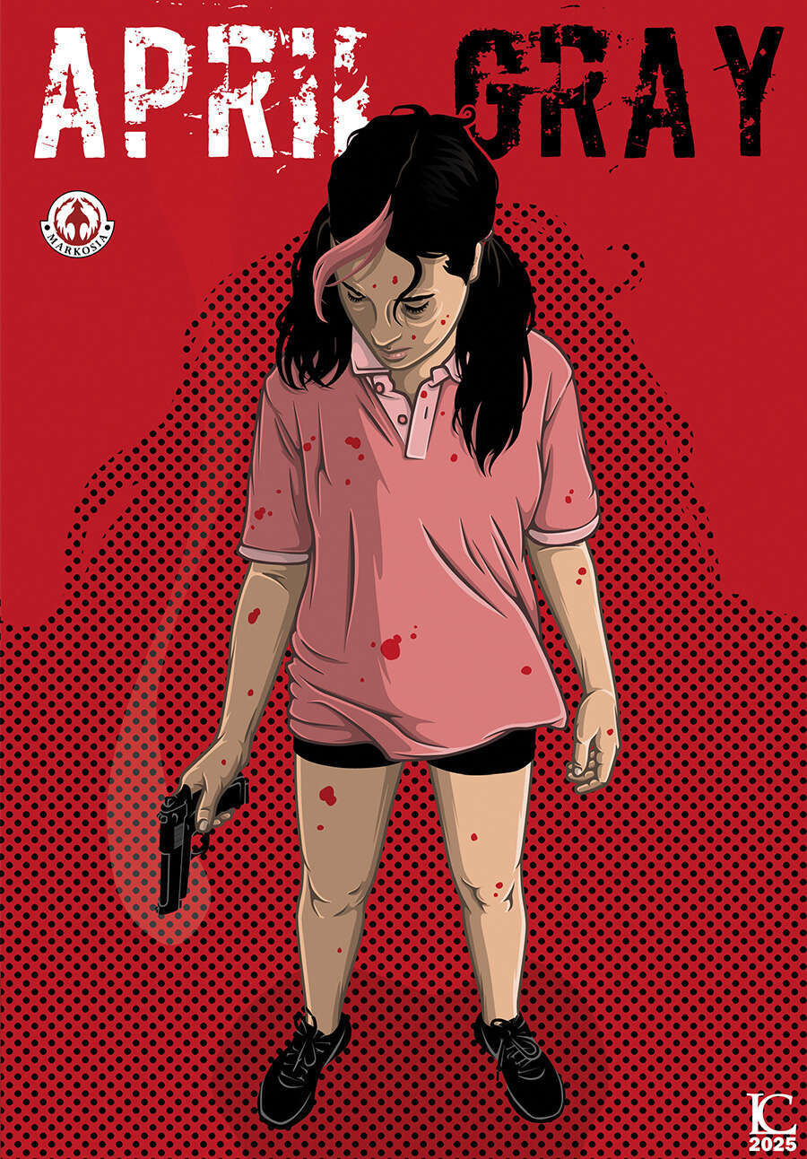April Gray comic page featuring Suzy Sweet in a red and black noir-style scene from Luke Cooper’s Markosia graphic novel.