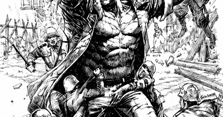 Black-and-white comic art of a massive golem rising amid chaos in TCM Press’ The Golem.