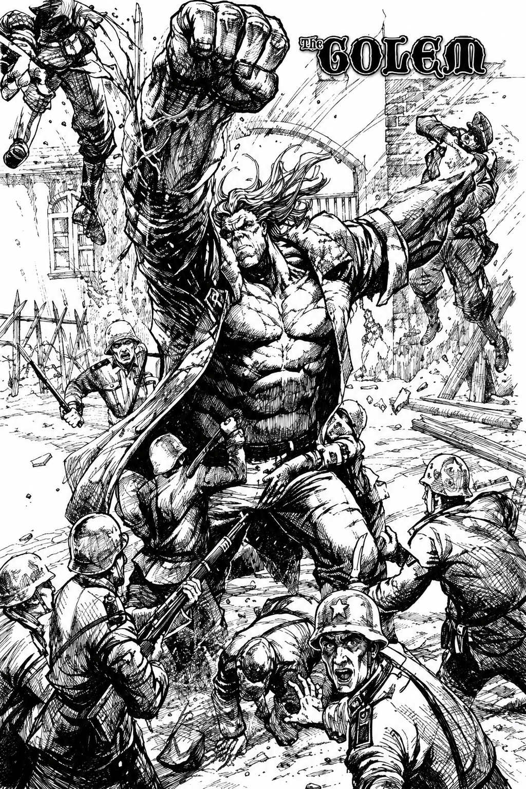 Black-and-white comic art of a massive golem rising amid chaos in TCM Press’ The Golem.