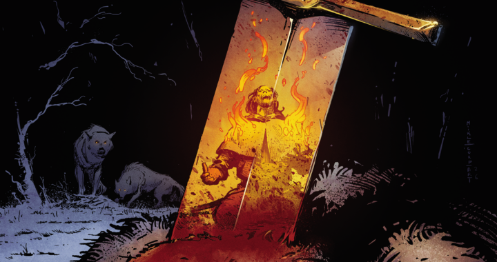 While We Burn #1 dark fantasy comic cover featuring a sword, monsters, fire, and a ruined medieval world.