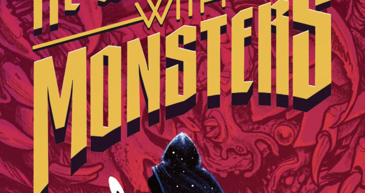 Cover art for He Who Fights With Monsters Book 1 featuring bold yellow title lettering over a red monster-filled background with a cloaked Jason holding a dagger.